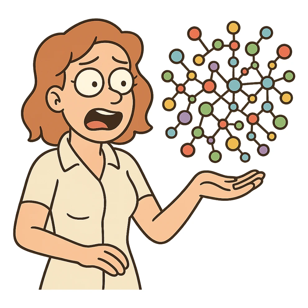metabolomics network with colorful molecules and connecting lines, bright and flat toon style sticker