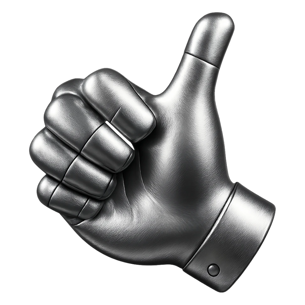 Create a red metallic thumbs down hand with a clear 'dislike' gesture, matching the style and color of the provided chrome style reference image. Remove the background for a clean isolated subject. sticker