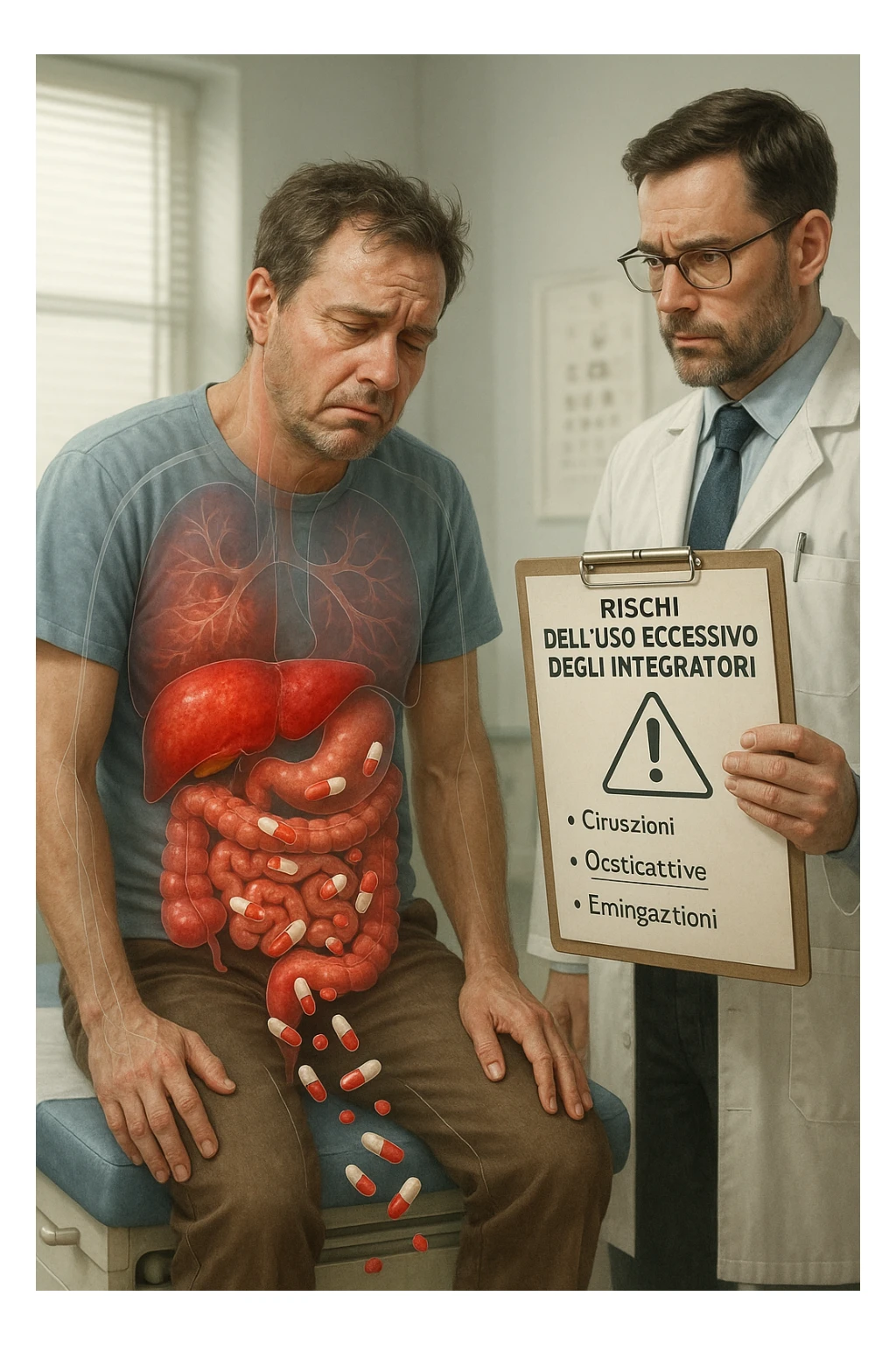a man sits on a doctor’s examination table, looking fatigued and uncomfortable. A transparent anatomical overlay reveals his liver and intestines, both appearing inflamed and congested, with stylized supplement capsules and pills scattered throughout the digestive tract. The doctor stands nearby, holding a chart that highlights the risks of excessive supplement use. The mood is clinical and educational. in italiano iperrealistica sticker