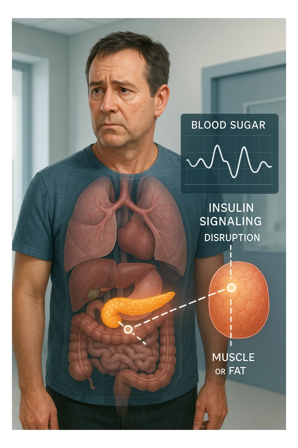 a middle-aged man stands in a clinical setting, with a semi-transparent overlay showing his internal organs. His pancreas is highlighted, and glowing lines or icons indicate disrupted insulin signaling between the pancreas and muscle or fat cells. The man’s expression is slightly concerned, and a digital chart beside him displays fluctuating blood sugar levels. The lighting is realistic, with a clean, modern medical background. in italiano sticker