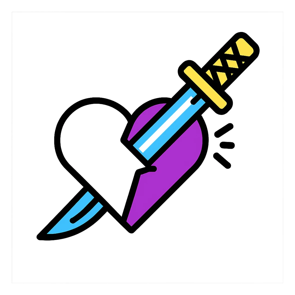 graphic style katana piercing a heart, heart divided diagonally: one half white, the other purple, glowing effect on the blade sticker