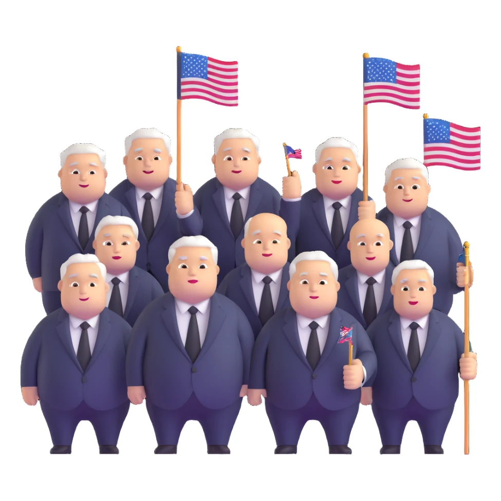 group of fat politicians together wearing suits with flag pins sticker