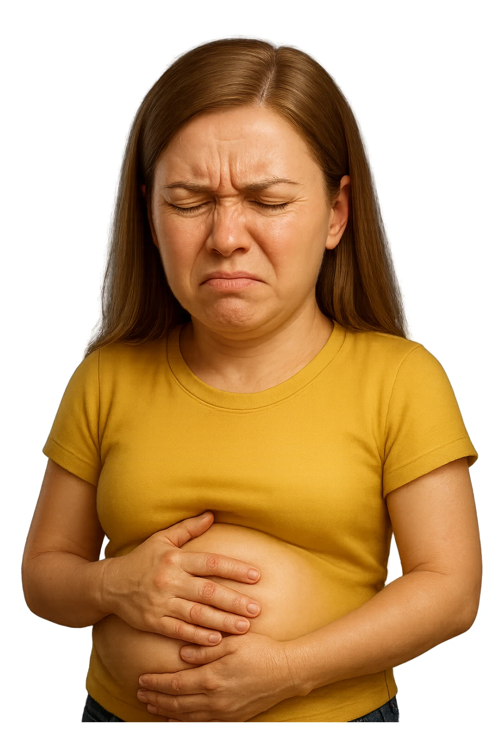 emoji stile iphone di donna con mal di pancia e pancia gonfia, iperrealistico 4k sticker