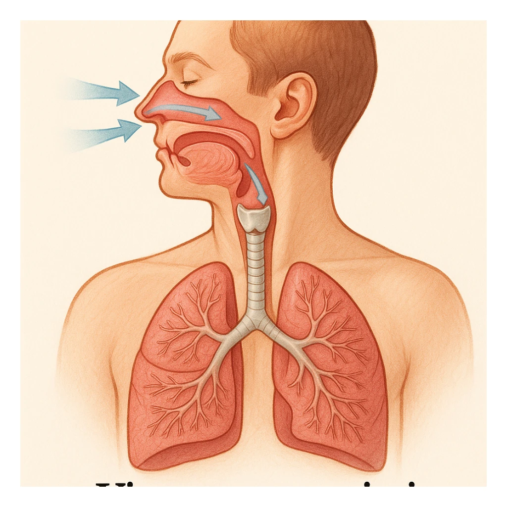 illustration focusing on upper airways: nose, pharynx, larynx, trachea, lungs, air movement, caption in Italian sticker