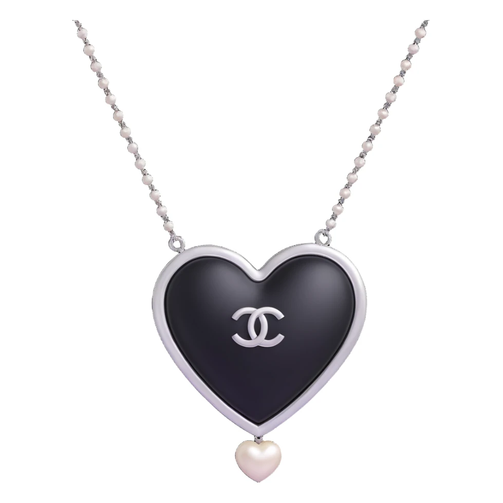 shiny black heart, pearl necklace border, silver Chanel logo in the middle, elegant, black and white palette sticker