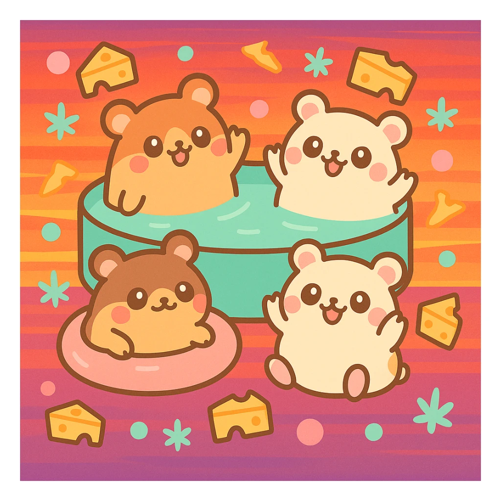 Add a vibrant sunset background with warm orange, pink, and purple tones behind the pool party scene. Maintain the kawaii style with a nostalgic, fun, and inviting summer party vibe, including THC/weed/cheese theme elements. sticker