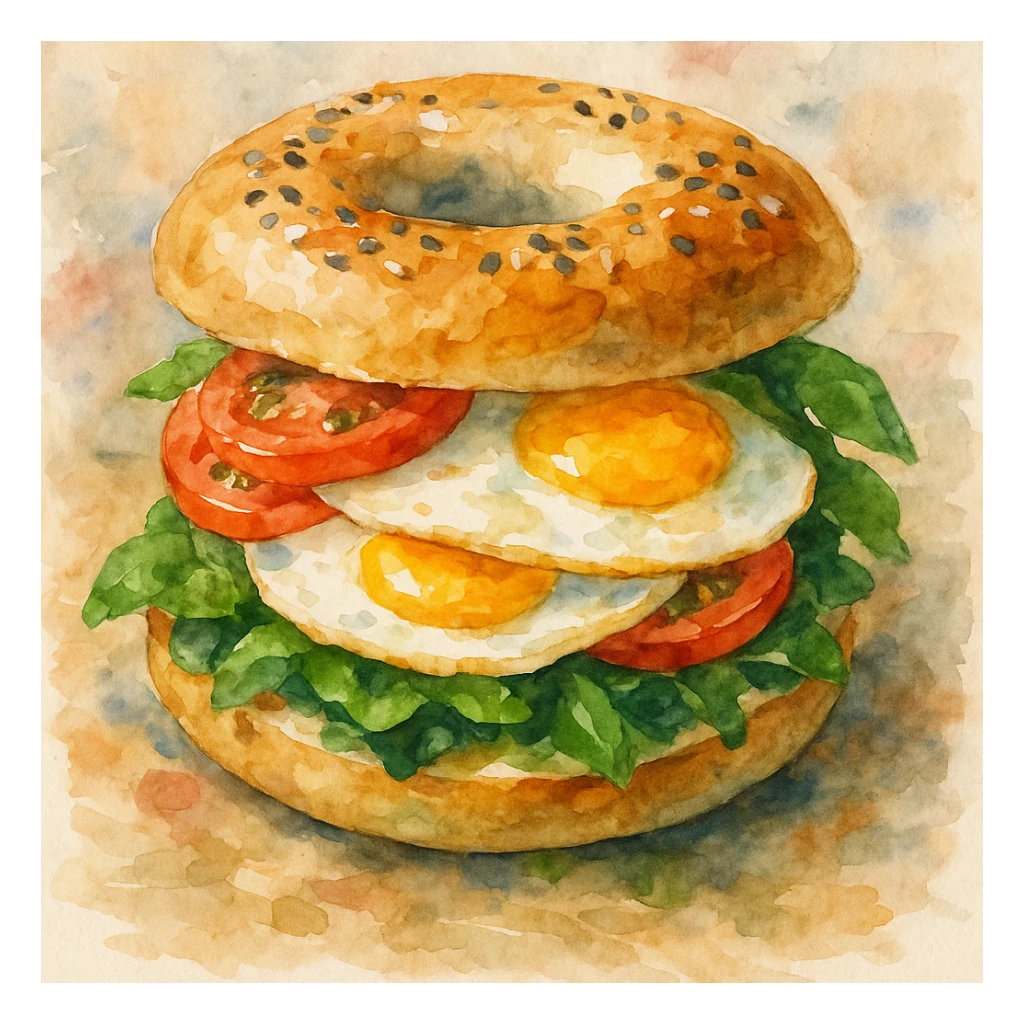 bagel sandwich with eggs and vegetables, watercolor texture, Pinterest food photo style sticker
