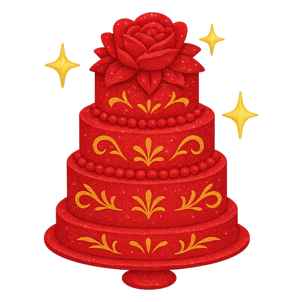 Add a sparkle effect to the red wedding cake with floral decorations. Keep the background transparent. The style should resemble emoji style with bright colors and simple shapes. sticker