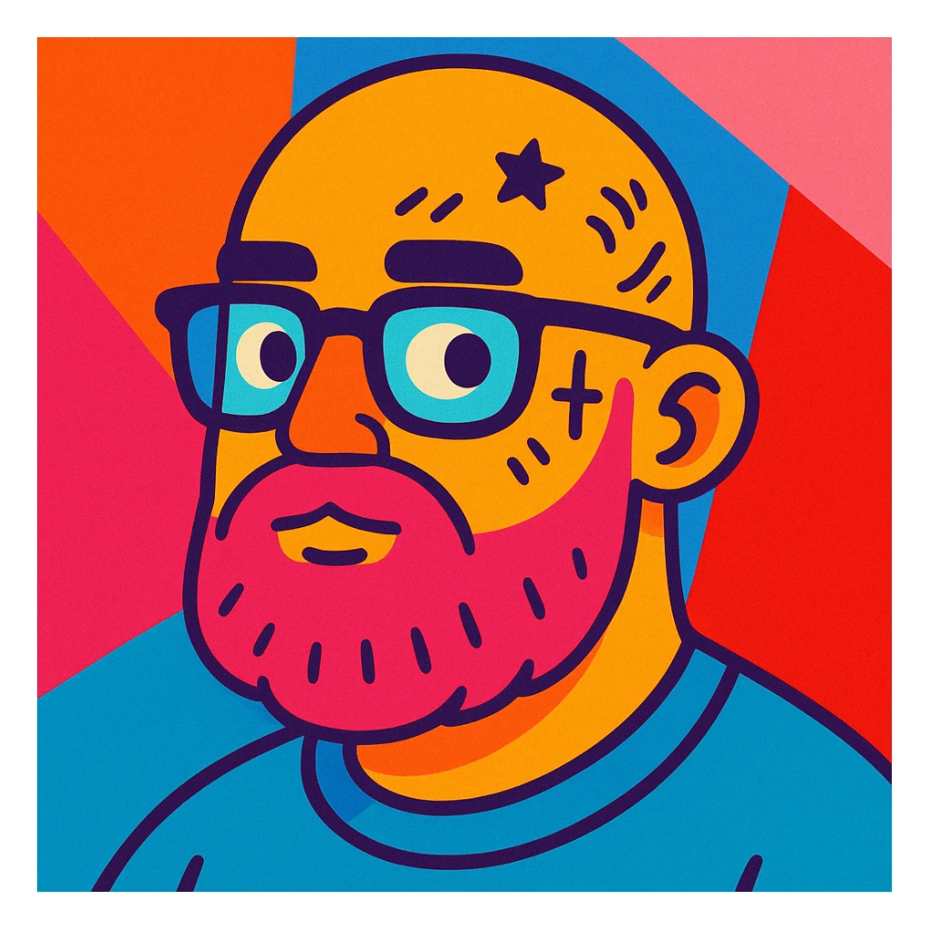 bald man with a pink beard, glasses, and face tattoos, stylized and colorful sticker