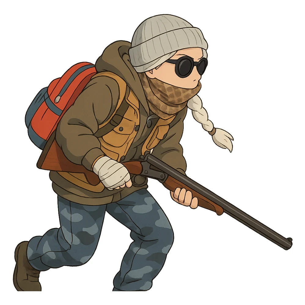 1 female, long white braid, knit cap, dark sunglasses, shemegh neckwrap, fishing vest, vibrant shool backpack, drab hoodie, handwraps, blue camo pants, Blaser Bbf-95, hunched over, on the move sticker