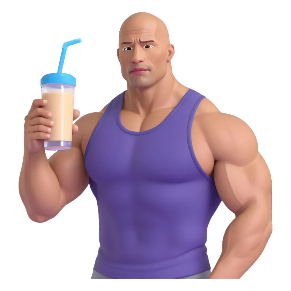 emoji of muscular bald man resembling Dwayne Johnson drinking a protein shake, wearing a tank top sticker