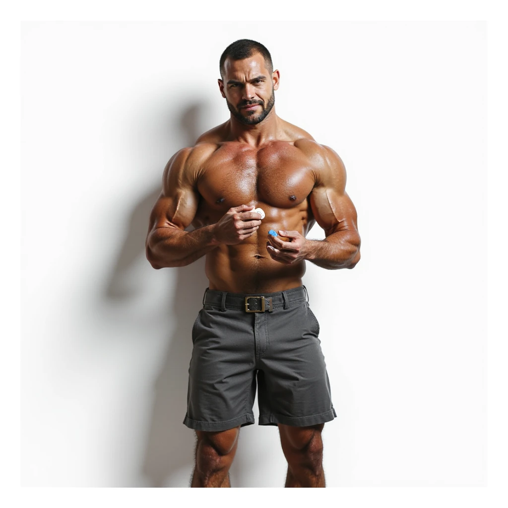 hyper realistic muscular bodybuilder taking an anabolic pill, shadow on the wall shaped like shrunken testicles, isolated on white background sticker