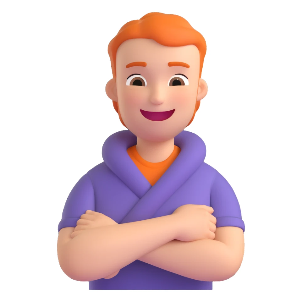 person with arms crossed, holding neck, laughing, expressive face sticker