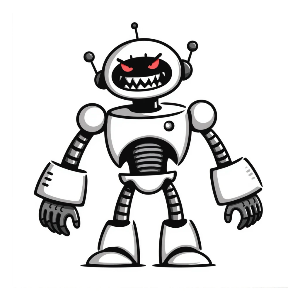 Hand-drawn evil robot with scary face and mechanical parts sticker