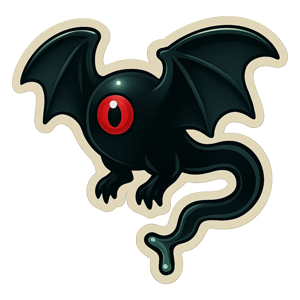 an all black reptilian bat-like creature. One cyclopian red eye in its face. no visible mouth or ears. 2 hind legs with claws. has a long tale with a stinger that drips green poison. no ears. no horns. no arms. visible bone-like stinger at end of tail sticker