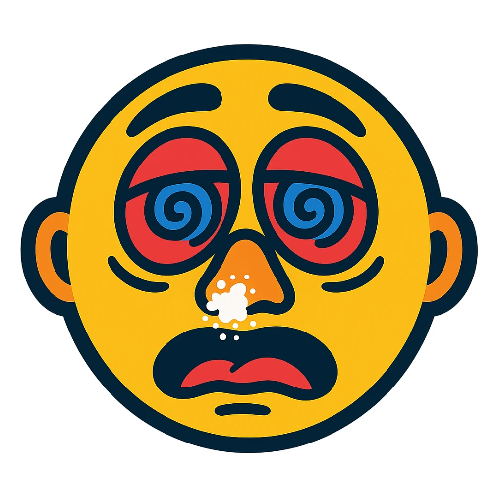 woozy cartoon face with white powder on nose, subtle reference to cocaine, vibrant toon style sticker