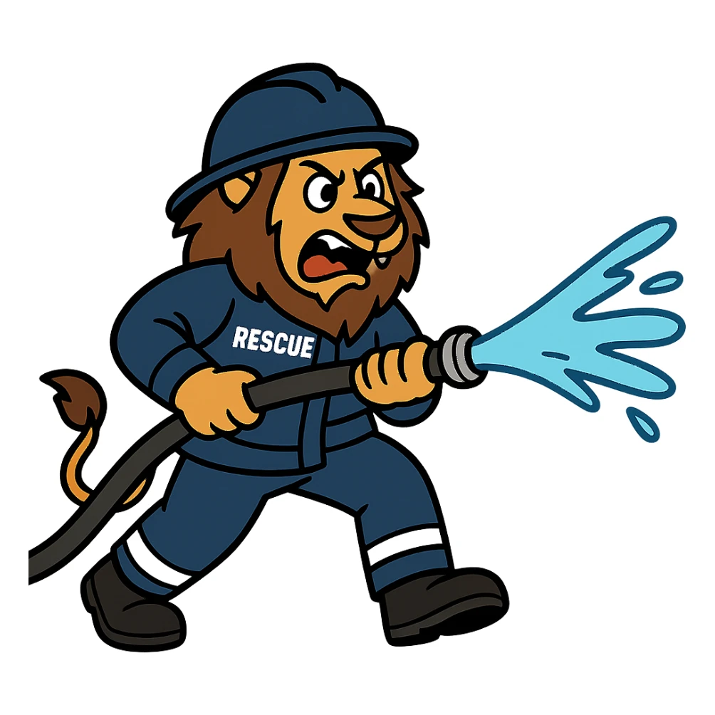Change the fireman uniform to a rescue firefighter suit, keep the lion spraying water, dynamic action, bold lines, no background. sticker
