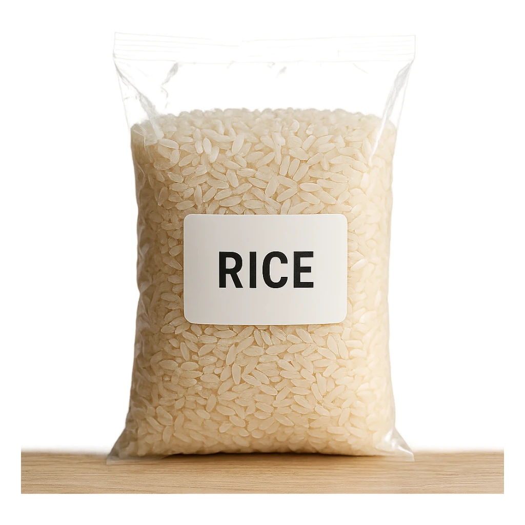 photo realistic transparent bag with rice grains, visible label sticker