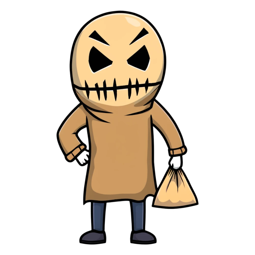 horror character with torn burlap sack mask, full body, spooky, ominous posture sticker