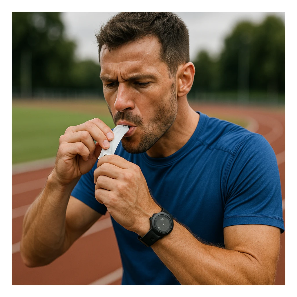 realistic 4K quality image of a sporty man in running clothes taking and quickly consuming a sugar packet during a break, focused expression, athletics track environment sticker