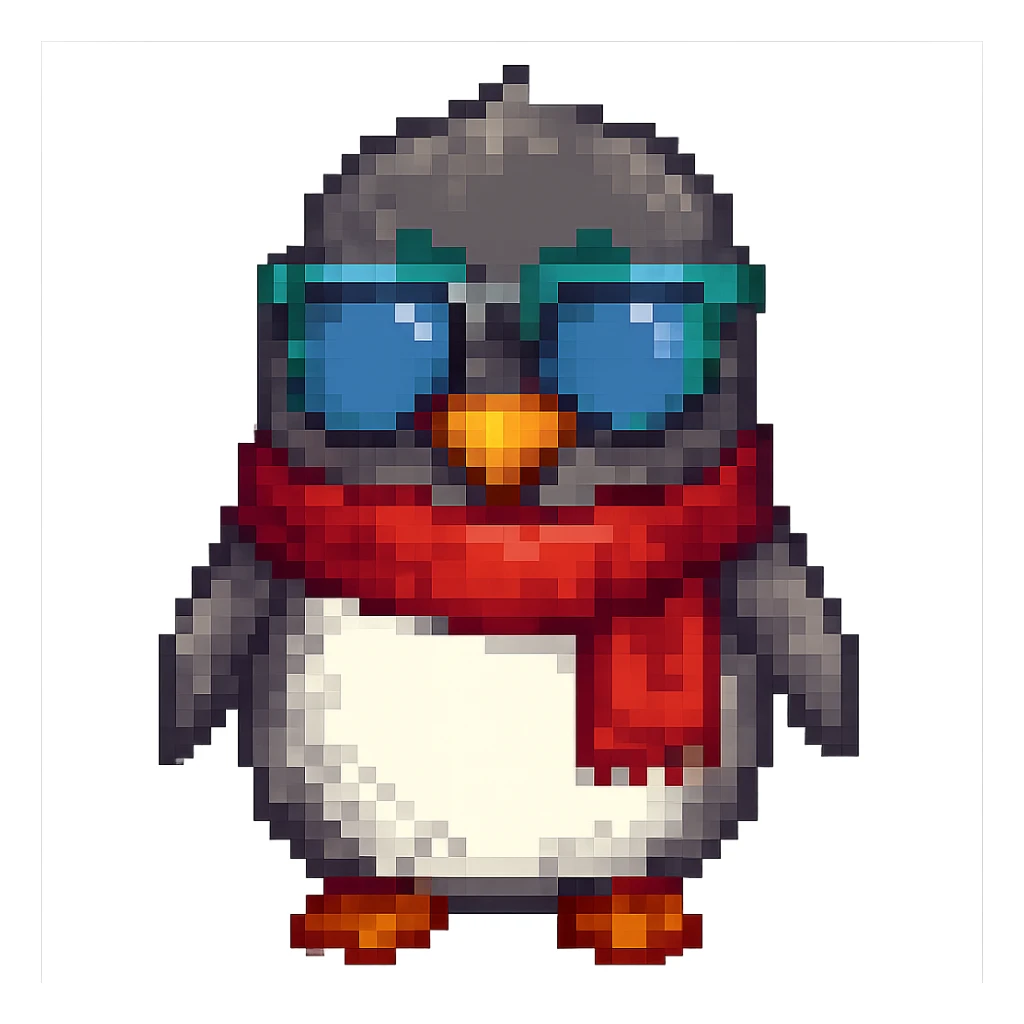 Add a red scarf to the penguin in pixel art style, with no background. Maintain the pixel art aesthetic and details. sticker