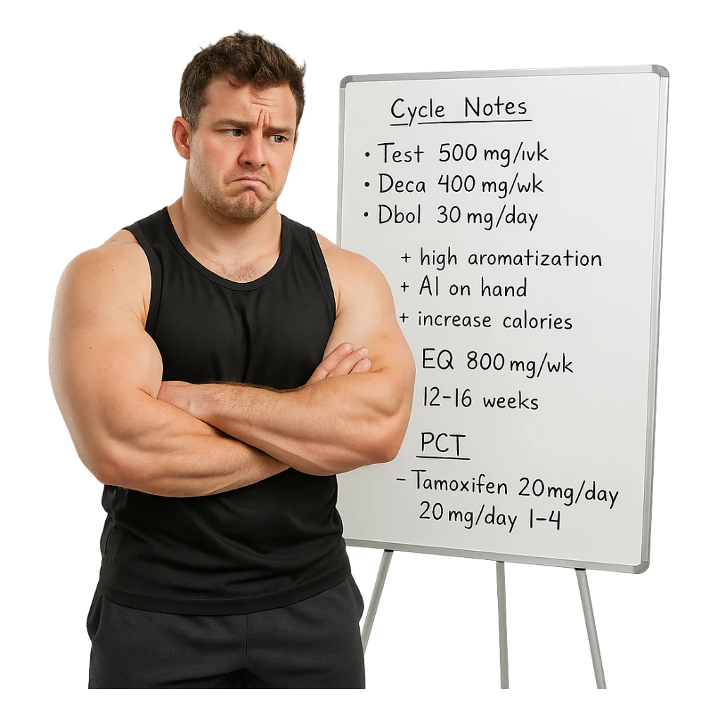 beginner bodybuilder in front of a whiteboard full of notes and dosages, swollen but undefined muscles, doubtful look, sportswear, study atmosphere, isolated on white background sticker
