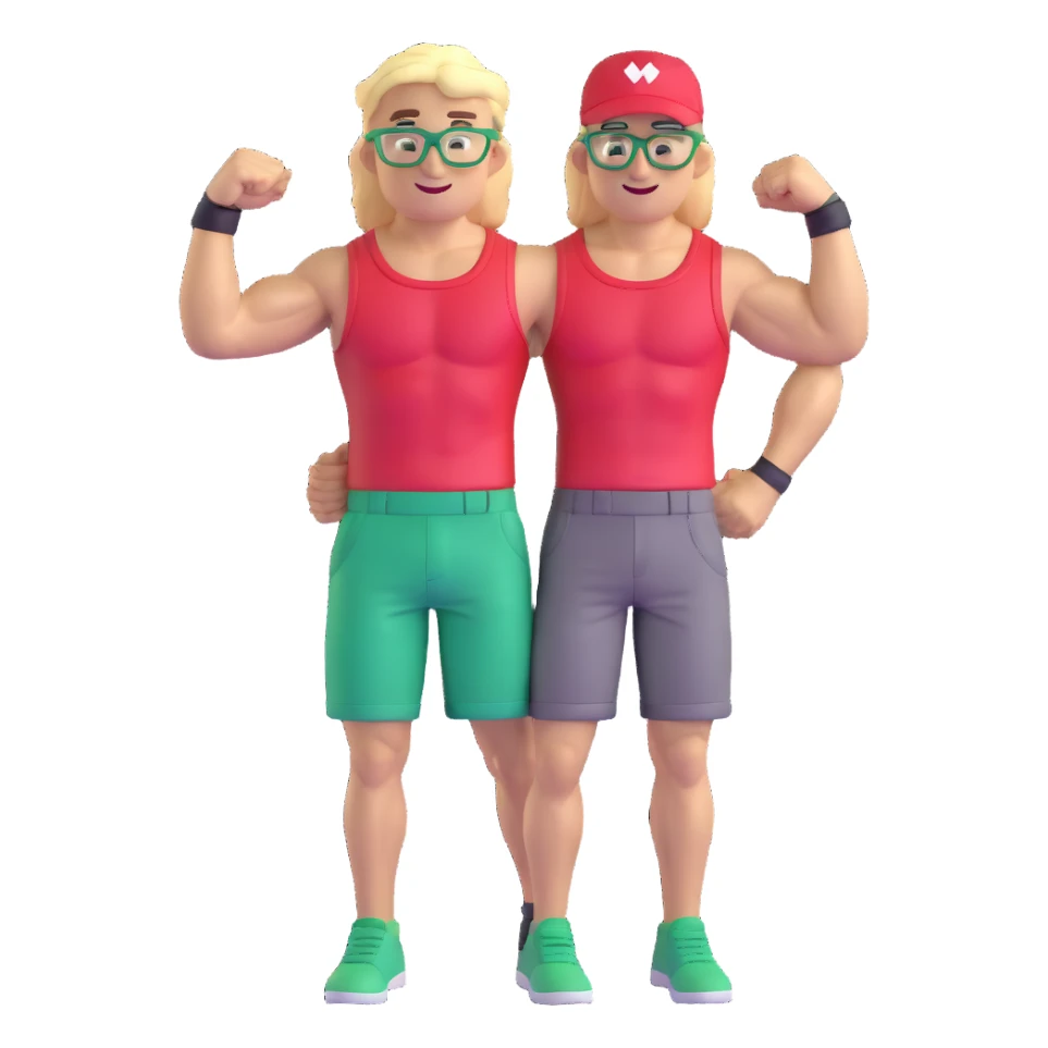 Man with black and white cap, bare muscular torso, red shorts, clear glasses, messy light blond mullet hairstyle, flexing and smiling sticker