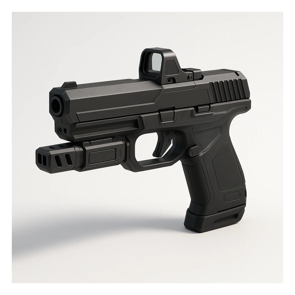 photorealistic 3D render of a compact sci-fi handgun, matte-black, angular slide, integrated reflex sight, polymer frame, extended barrel with compensator and vent ports, minimal controls, magnetic slide lock, futuristic magazine well, smart sensor panels, side view, white or grey background, soft shadow, modern tactical sci-fi style sticker