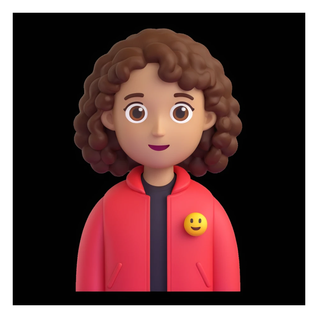 Convert the image into a 3D Apple-style emoji with simplified shapes, cartoon-like look, glossy finish, and soft shadows. Use a white background. Keep key features recognizable, including curly hair and red jacket. sticker
