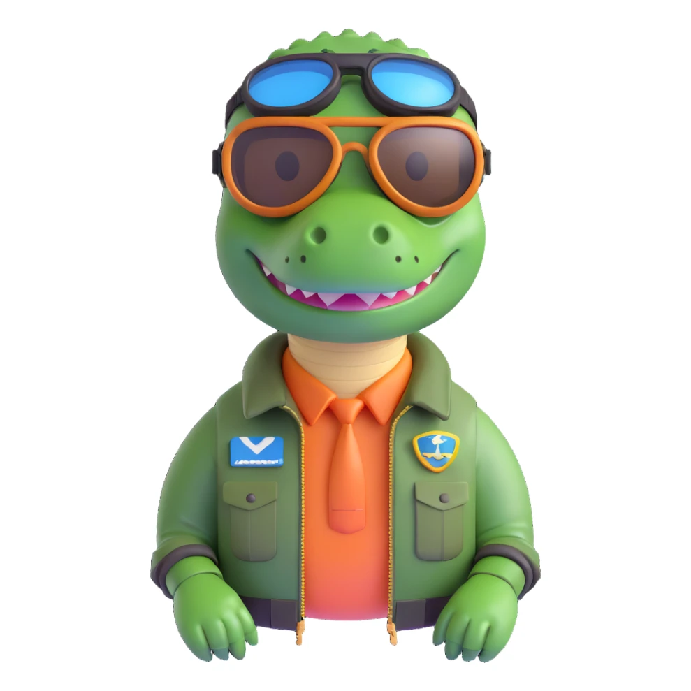 3D rendered crocodile emoji dressed as a bomber pilot, shiny goggles, confident pose sticker