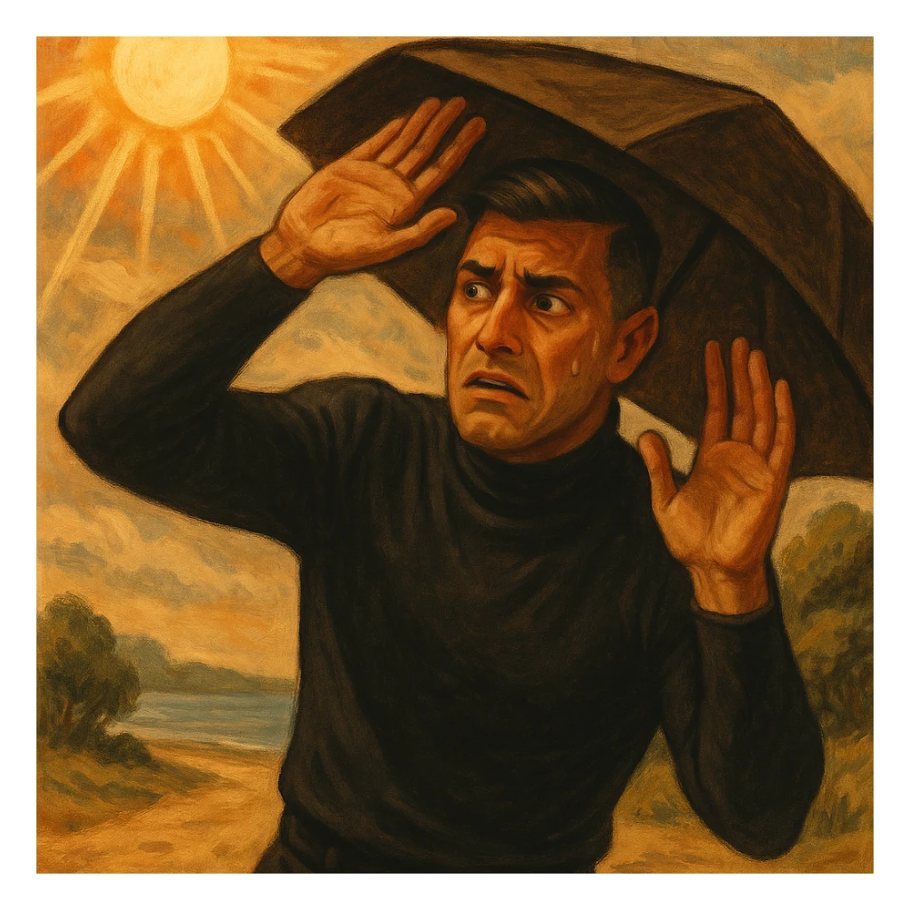 Create a symbolic, semi-realistic outdoor scene (beach or park) featuring a man with expressive, worried body language. The man is raising his hands or using an umbrella or large hat to block natural, warm sunlight. He looks uncomfortable or fearful, as if trying to protect himself from the sun. Use muted colors and an expressive, semi-realistic style symbolizing misunderstanding about sunlight and health. Use the reference image for facial features and general appearance. sticker