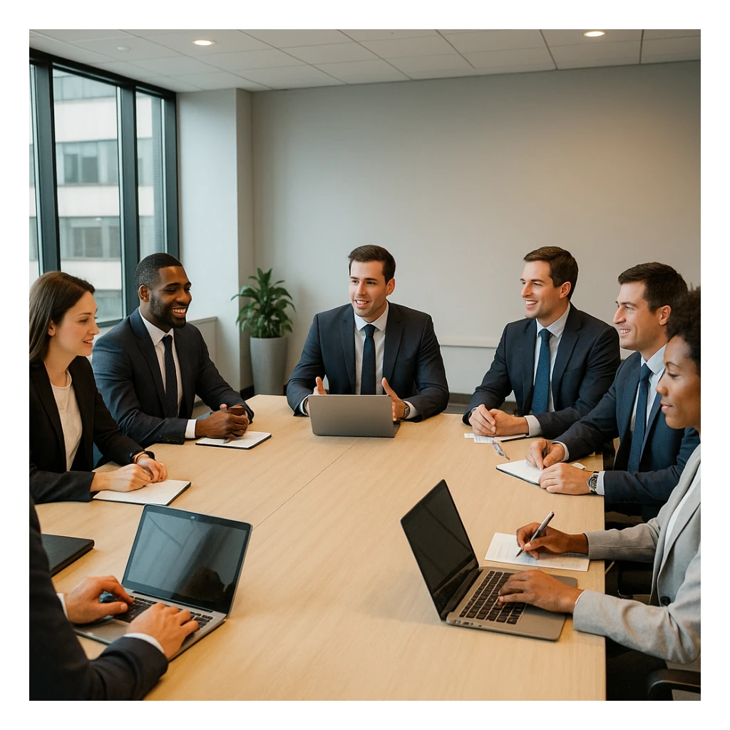 conference room with people around a table, business setting, professional environment, collaborative atmosphere sticker