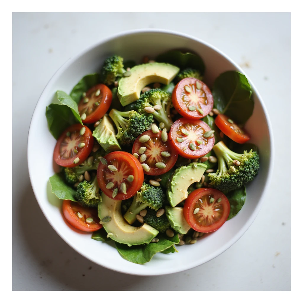 colorful salad with tomatoes, broccoli, spinach, avocado, pumpkin seeds, and olive oil, served in a modern bowl, fresh atmosphere, realistic details, light background sticker