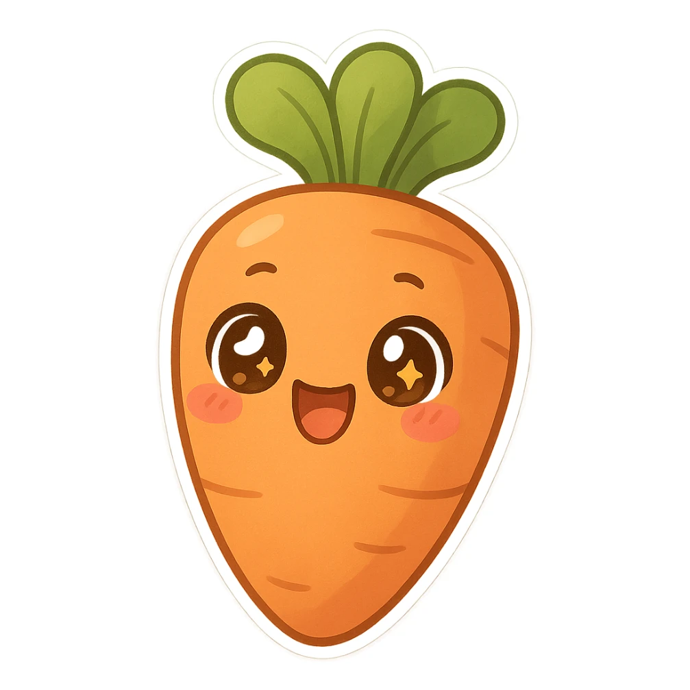 chibi sticker-style carrot, cute and exaggerated, with a big smile and sparkling eyes sticker