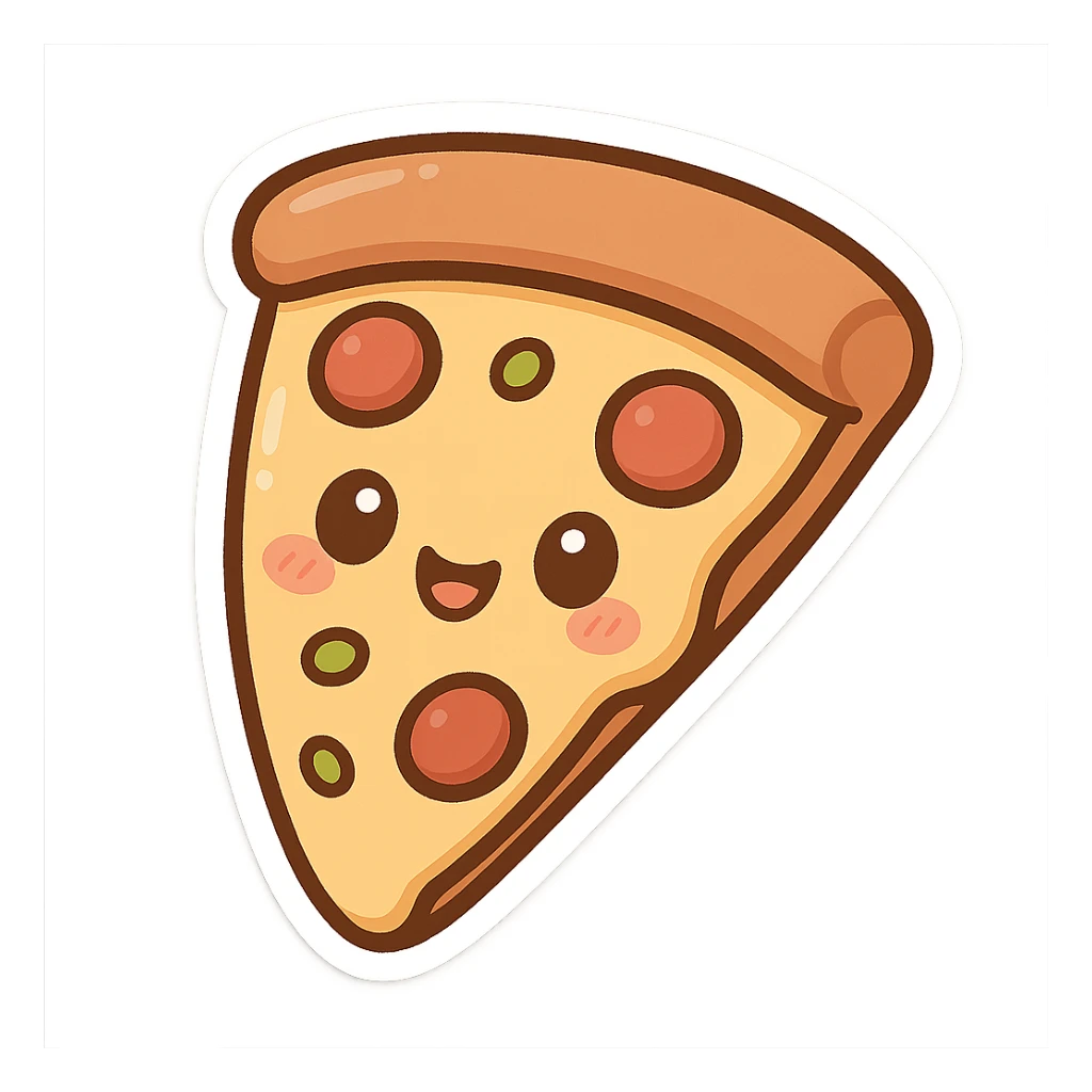 chibi sticker-style slice of pizza with a smiling face, cute and exaggerated sticker