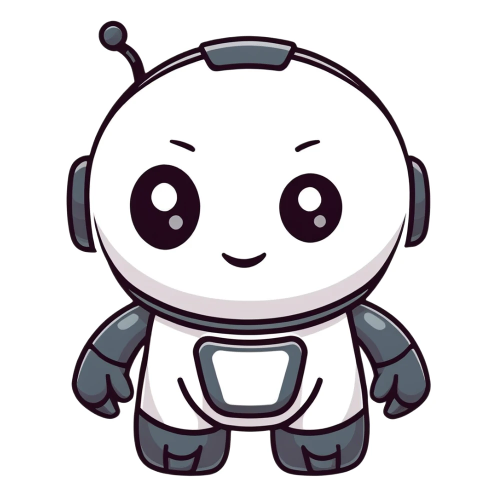 friendly modern face of a black robot with bright white led eyes, smiling, non-threatening sticker