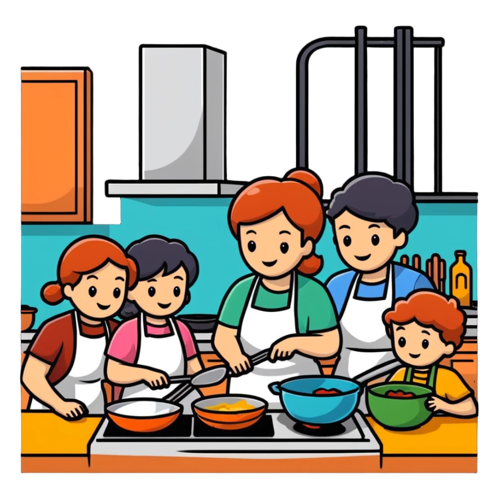 Family cooking together in the kitchen sticker