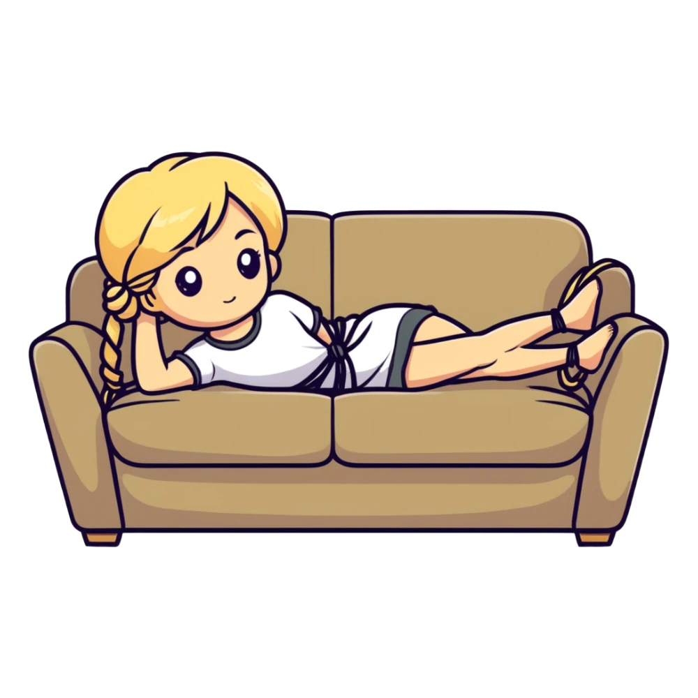 Blonde girl, tied in rope, on sofa sticker