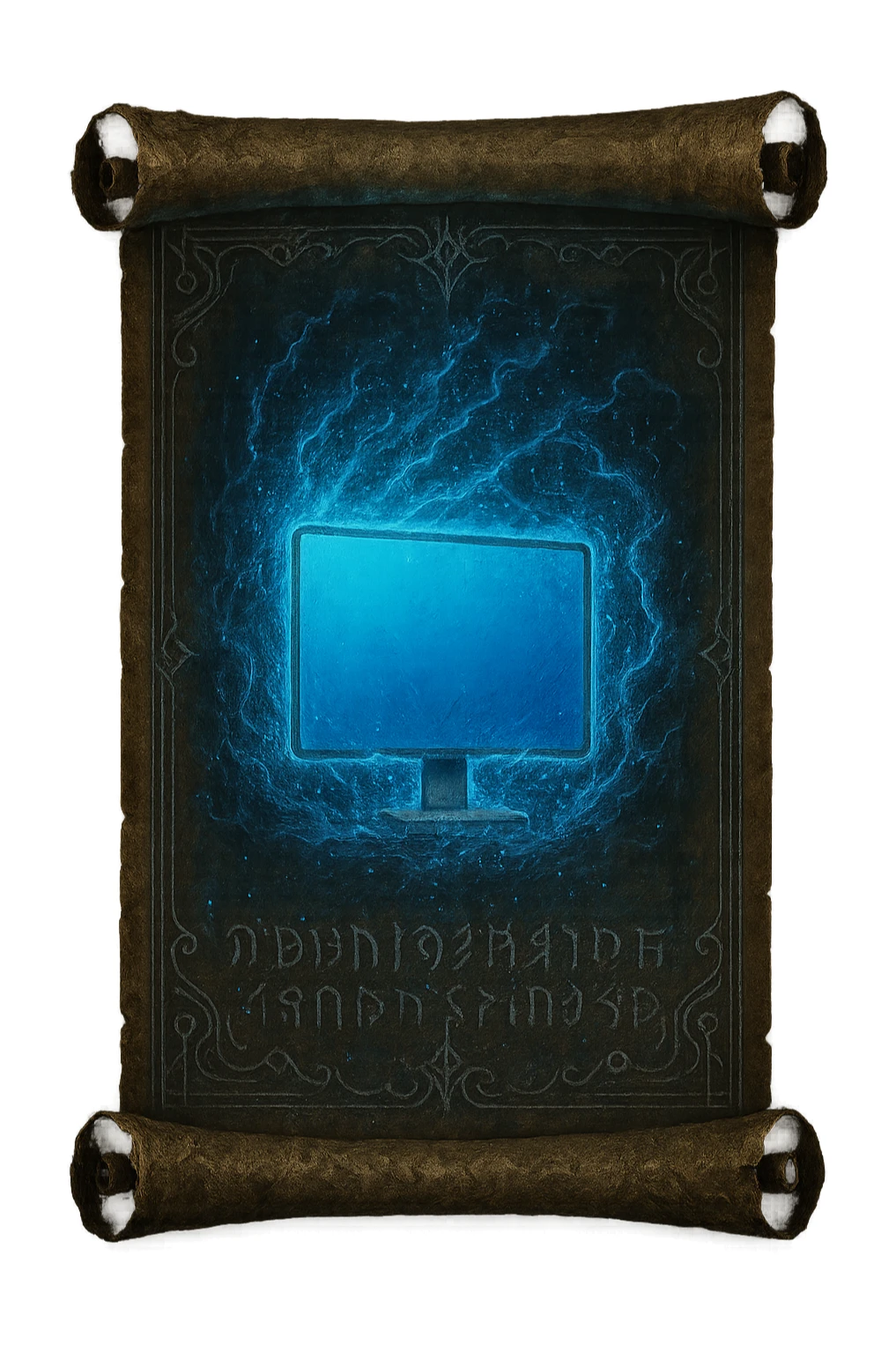 Edit the scroll in the style of Elden Ring glintstone sorcery spells with a glowing blue magical effect shaped like a computer monitor, referencing the Windows 11 'My PC' icon. Keep the scroll centered and the background fully transparent, matching the style and position of the original spells. sticker