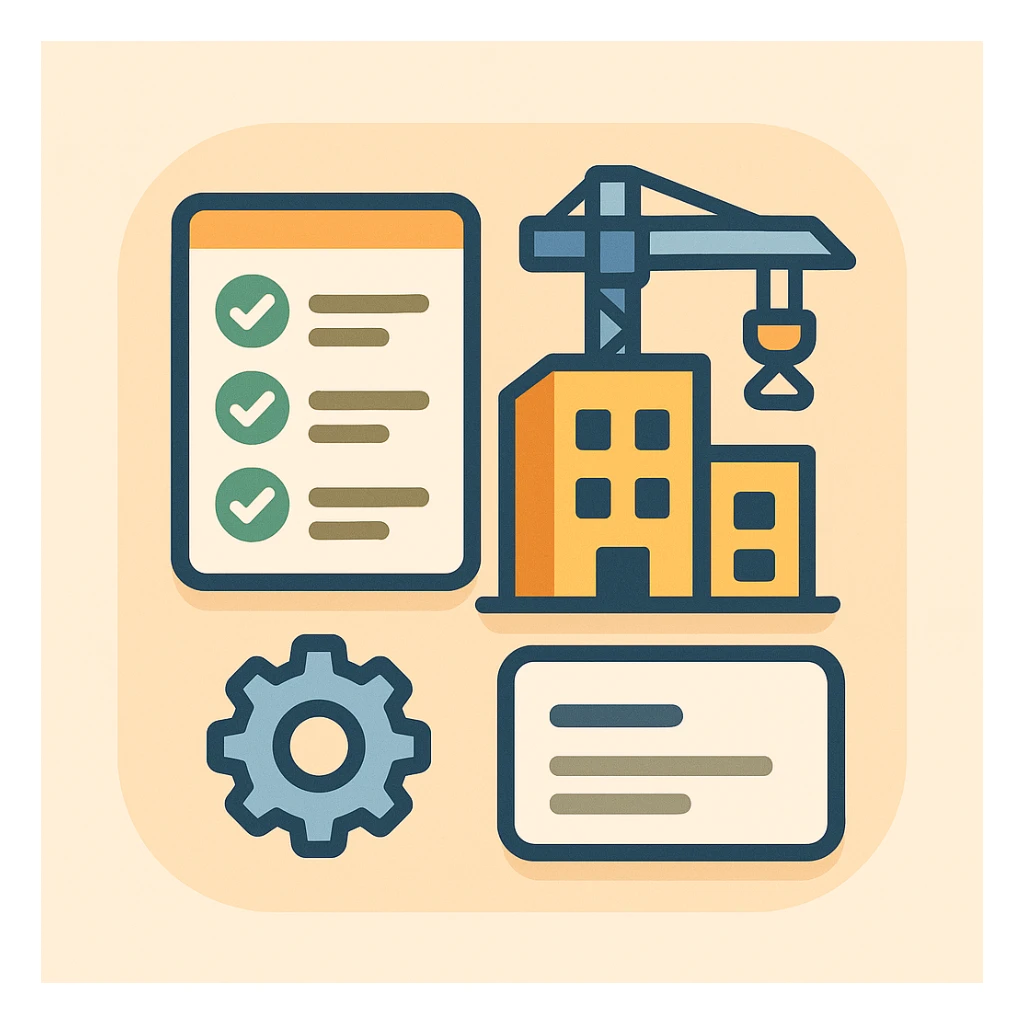 Flat emoji-style illustration of a software registry for a construction company. Includes a checklist/database icon, small gear/settings symbol, building/crane for construction theme, and a simplified UI card with lines for descriptions. Rounded shapes, soft shadows, friendly color palette. Clear, professional, and approachable sticker