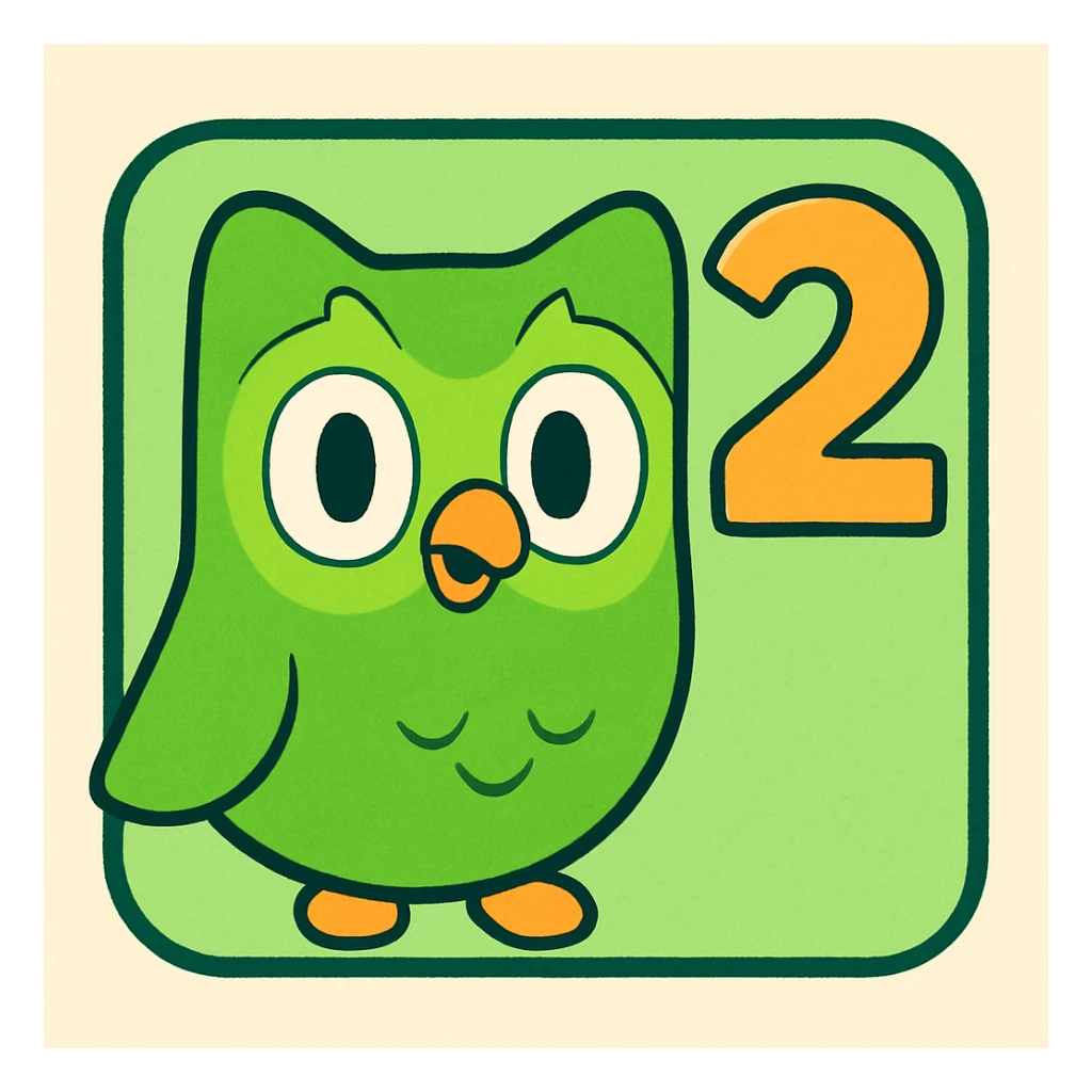 Duolingo-style icon with number 2 in rounded cartoonish font, green background, fun approachable feel of Duolingo brand sticker