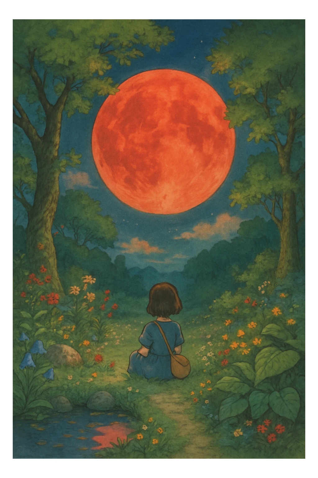 red moon, detailed, beautiful ghibli style illustration sticker