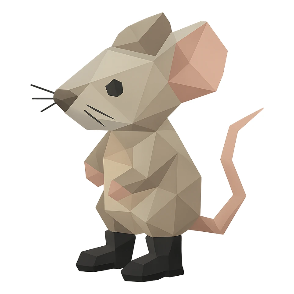 mouse emoji wearing black boots, low-poly polygonal style sticker