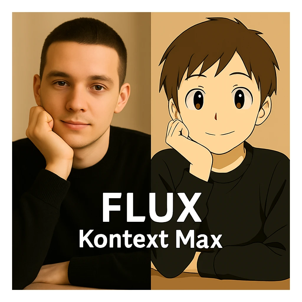 same similar image but chnage the text to "Flux Kontext Max", change people and pose too sticker