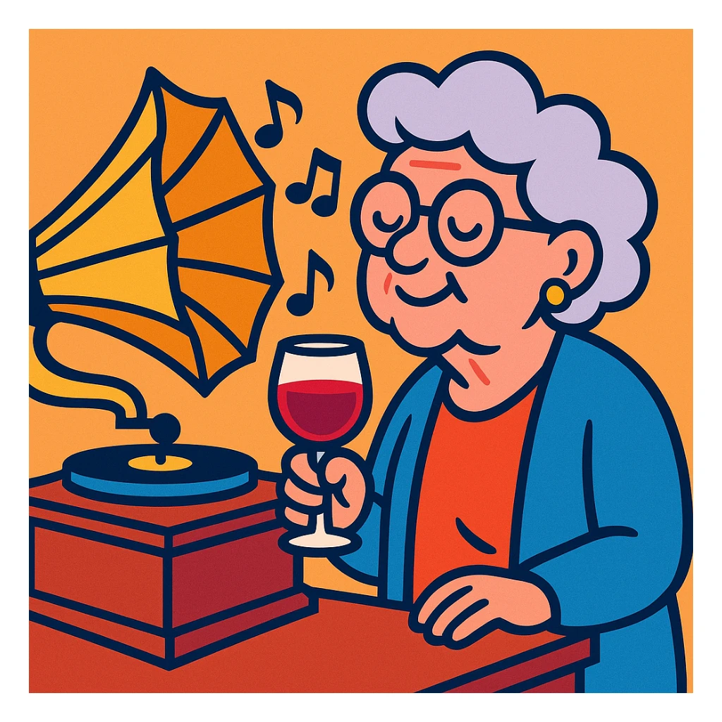 old lady with wineglass listening to gramophone sticker