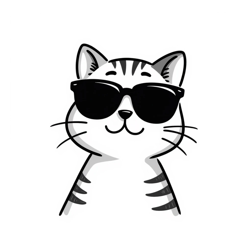 cat wearing sunglasses, hand-drawn doodle style sticker