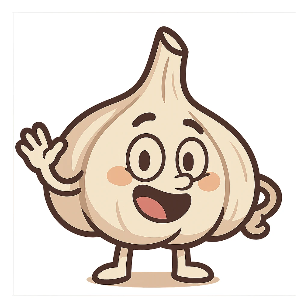 cartoon style garlic, playful and friendly, cute and expressive sticker