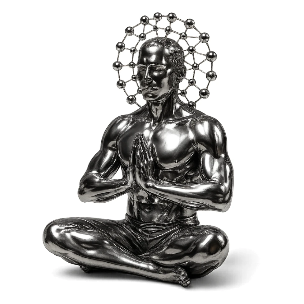 metallic chrome figure of a man meditating, serene, with several chrome balls forming a net above his head sticker