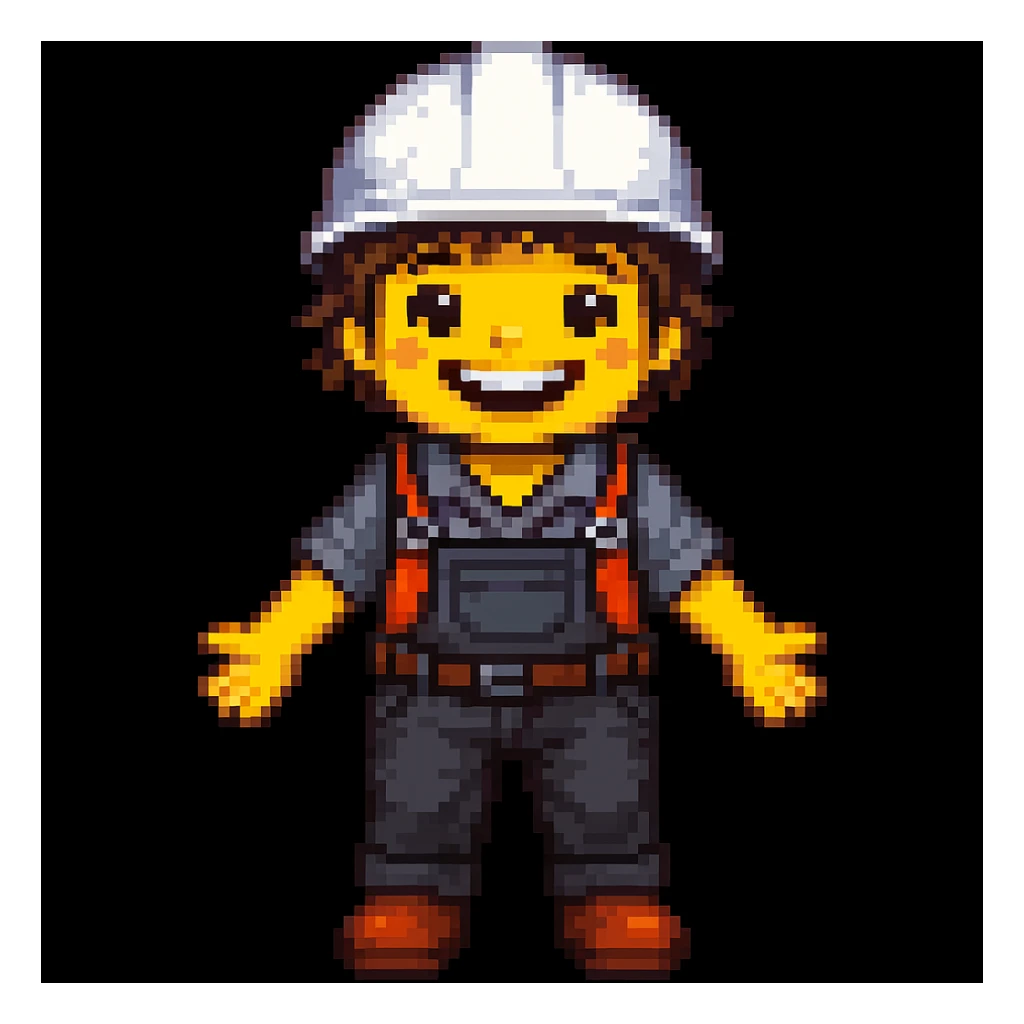 make the construction worker look happy, with a big smile, bright eyes, and cheerful posture in pixel-art style sticker