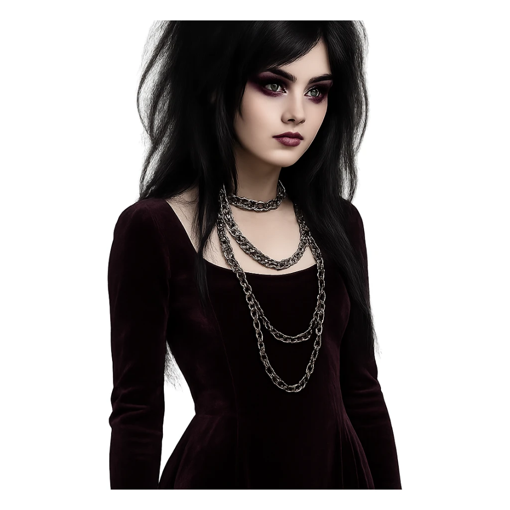 emo girl with velvet dress, silver chains, purple eyeshadow, mysterious and elegant sticker